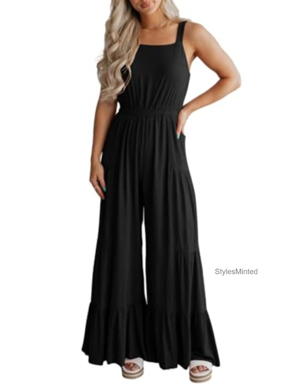 Women's Sleeveless Smocked Jumpsuit Wide Leg Ruffle Flowy Romper